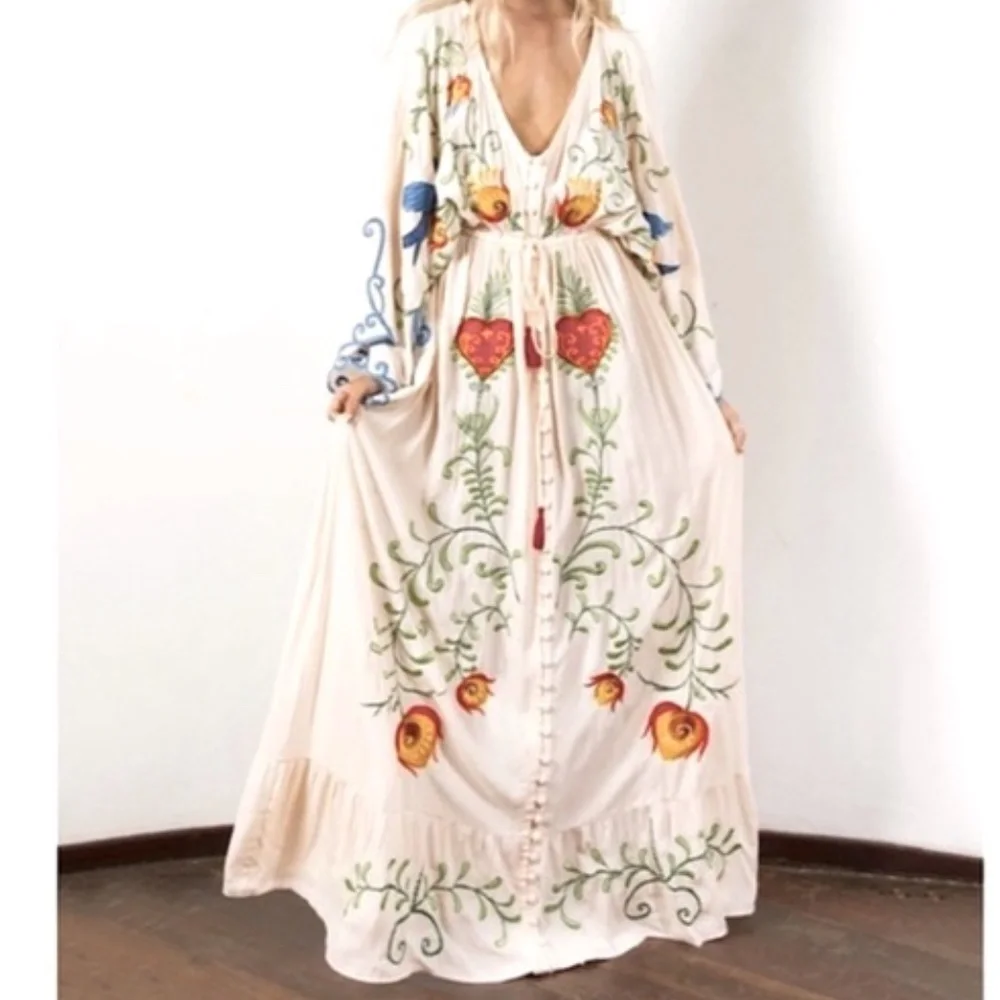 Boho Embroidered Hearts Floral Birds Long Maxi Kimono Dress - Picture 4 of 16